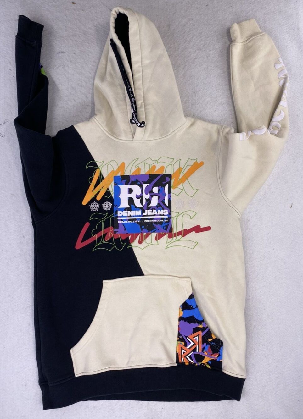 Rock Revival RR Denim Hoodie M Patchwork Graffiti Color Block  Streetwear Rare